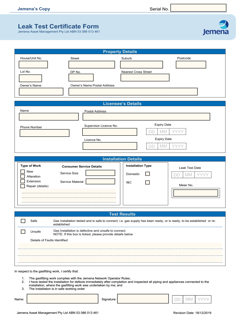Gas Leak Certificate Form